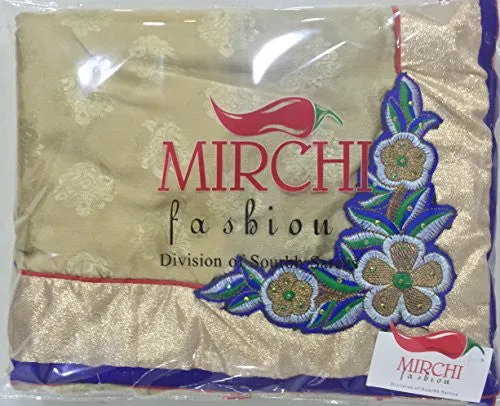 Sourbh Women Chiffon Patch Work Saree (5705 _Beige,Blue _Free Size)