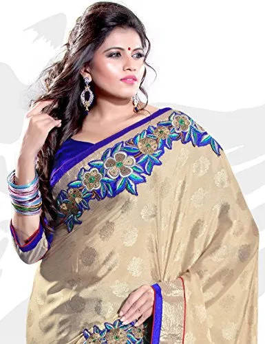 Sourbh Women Chiffon Patch Work Saree (5705 _Beige,Blue _Free Size)