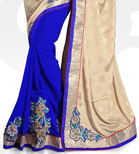 Sourbh Women Chiffon Patch Work Saree (5705 _Beige,Blue _Free Size)