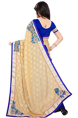 Sourbh Women Chiffon Patch Work Saree (5705 _Beige,Blue _Free Size)