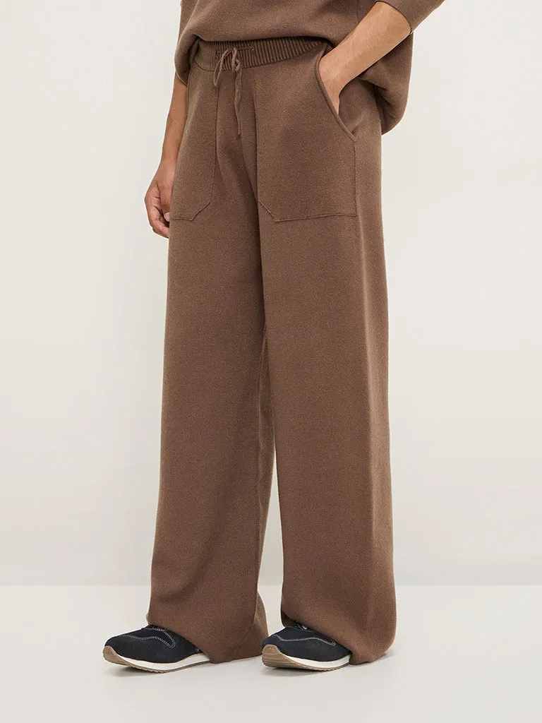 Studiofit Brown Knitted Relaxed-Fit Mid-Rise Track Pants