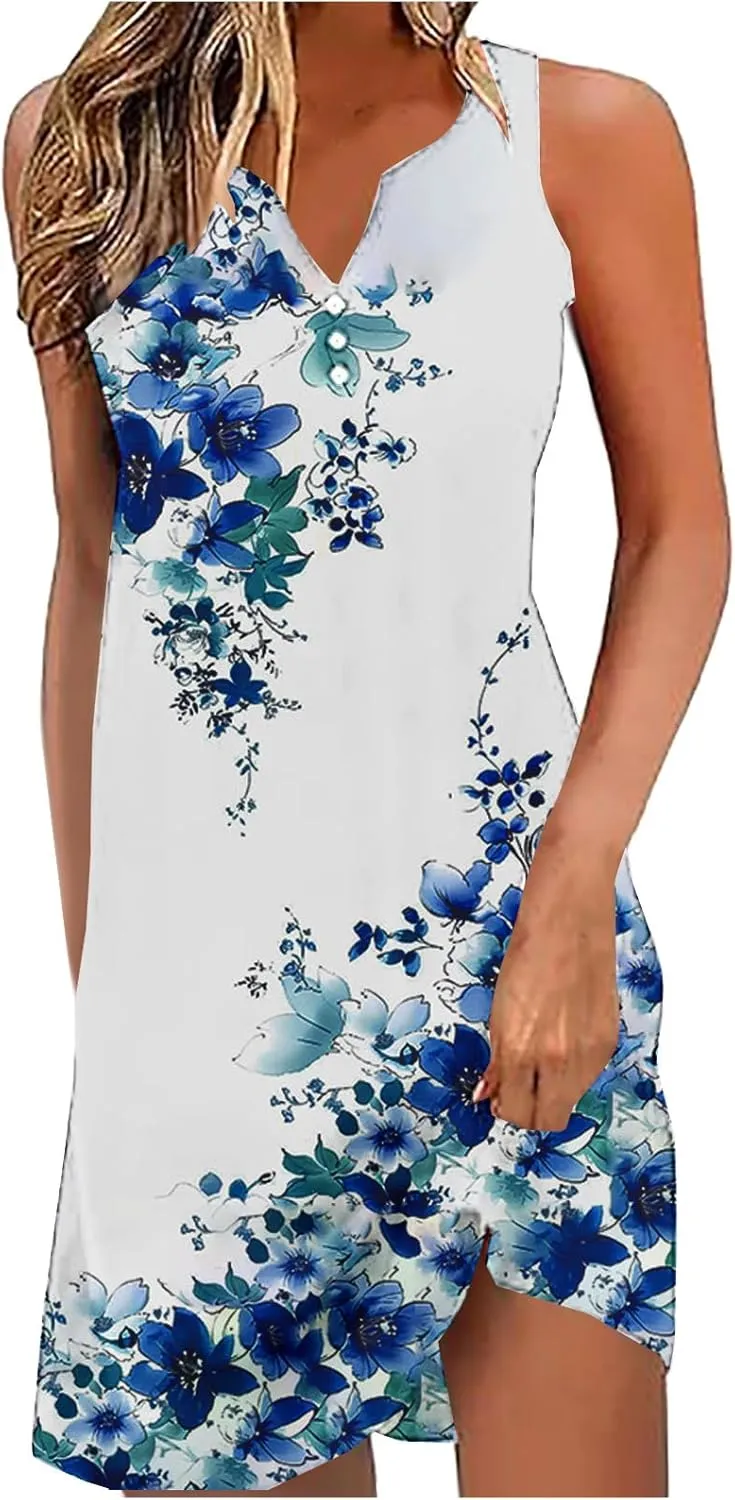 Summer Dresses for Women 2025 Beach Vacation Midi Dress Sleeveless V Neck Floral Sundress Boho Resort Wear