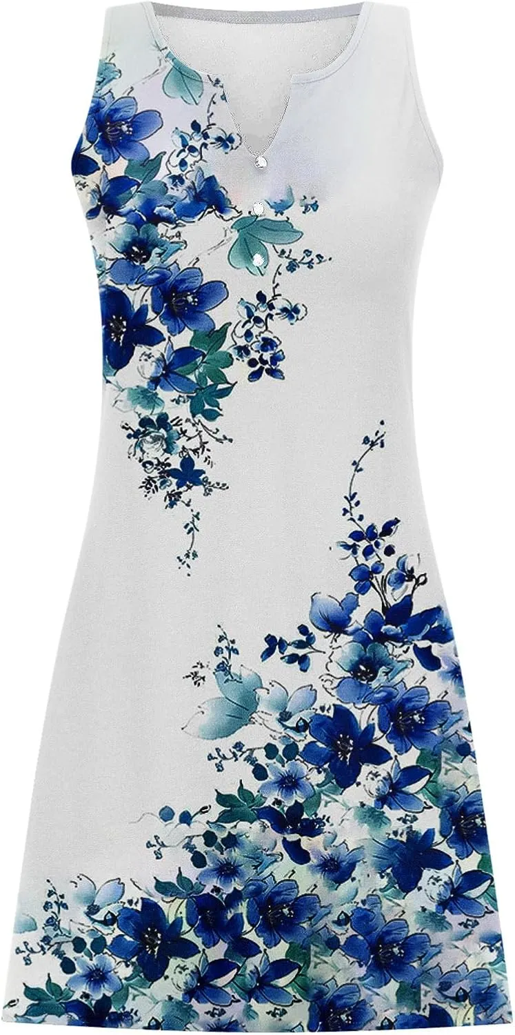 Summer Dresses for Women 2025 Beach Vacation Midi Dress Sleeveless V Neck Floral Sundress Boho Resort Wear