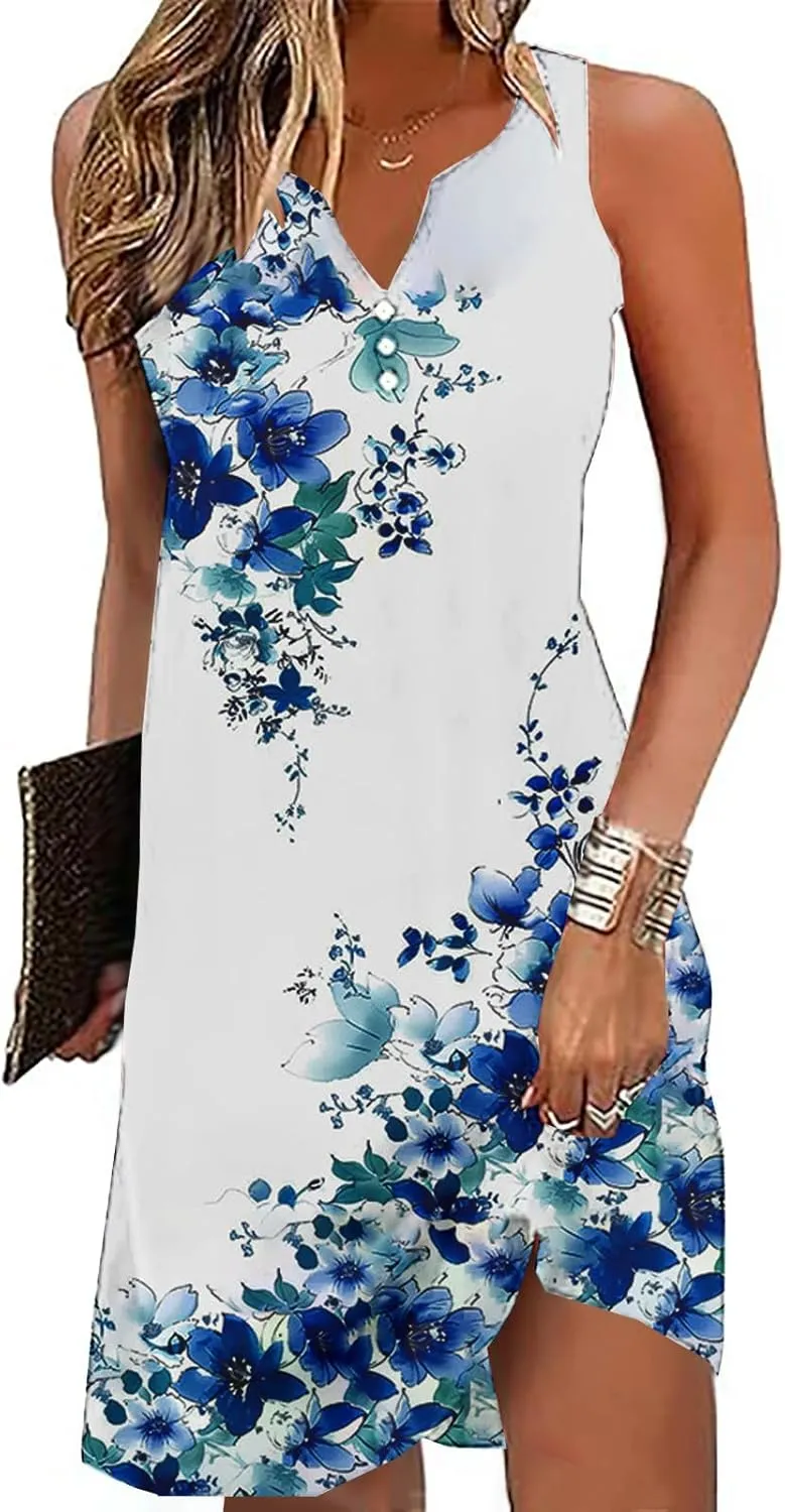 Summer Dresses for Women 2025 Beach Vacation Midi Dress Sleeveless V Neck Floral Sundress Boho Resort Wear