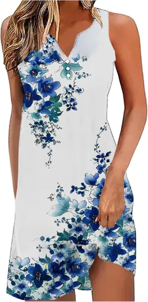 Summer Dresses for Women 2025 Beach Vacation Midi Dress Sleeveless V Neck Floral Sundress Boho Resort Wear