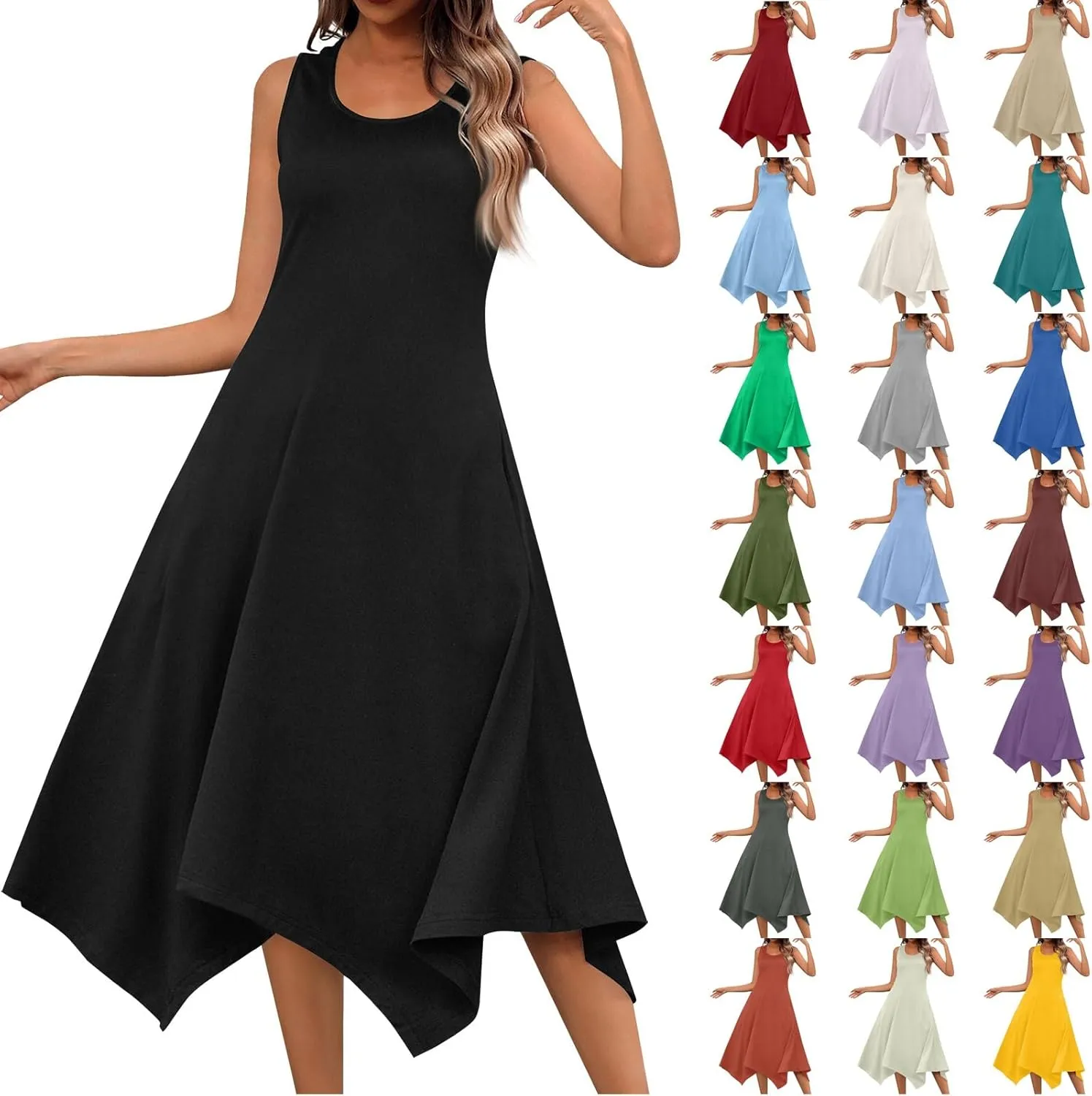 Summer Dresses for Women 2025 Sleeveless Scoop Neck Irregular Hem Midi Dress A-Line Flowy Vacation Tank Sundresses