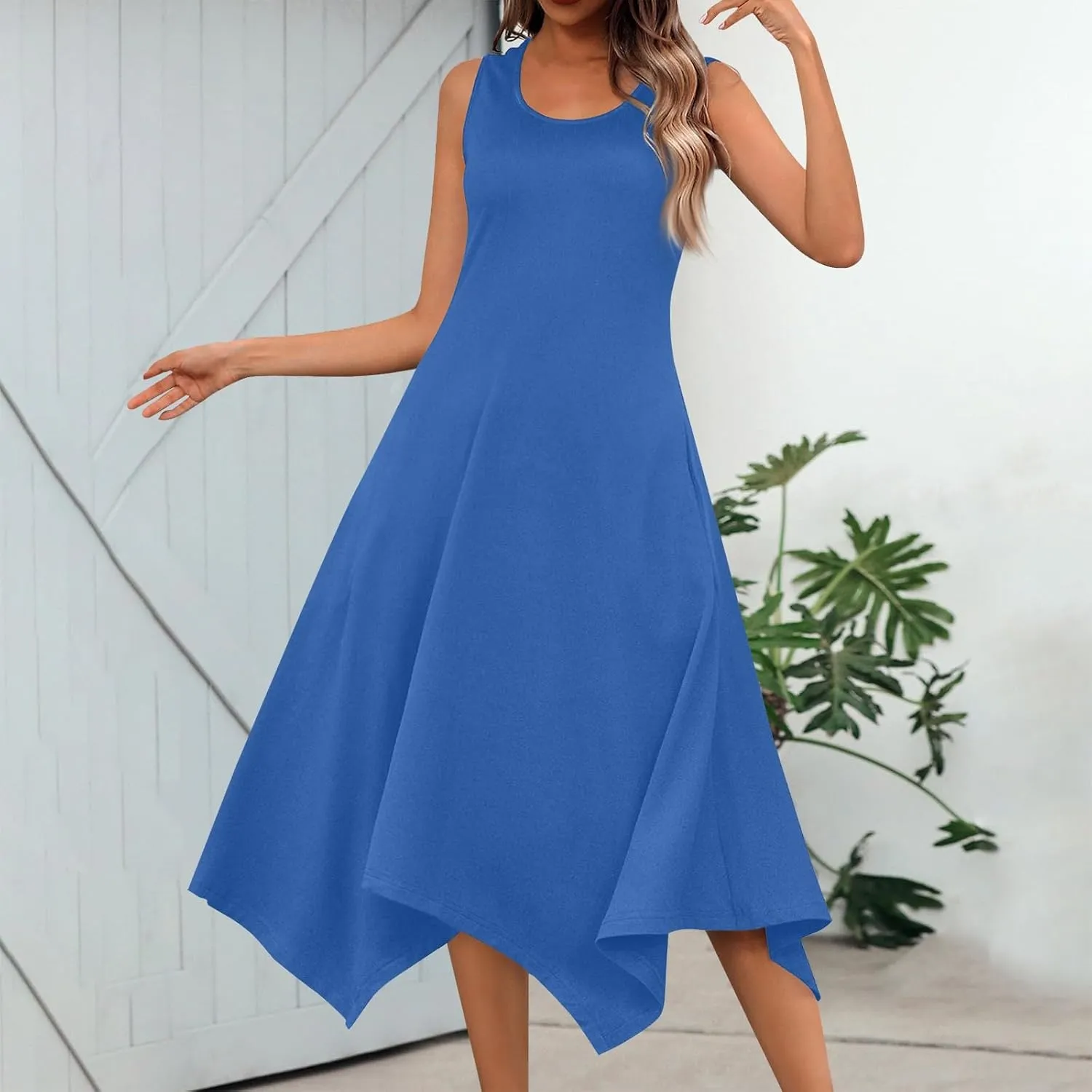 Summer Dresses for Women 2025 Sleeveless Scoop Neck Irregular Hem Midi Dress A-Line Flowy Vacation Tank Sundresses