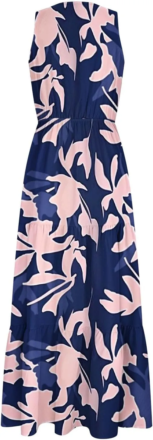 TANGNADE Women Summer Dresses Casual Sleeveless Maxi Dresses V Neck Cute Long Dress Wedding Guest Dress
