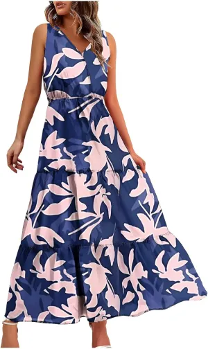 TANGNADE Women Summer Dresses Casual Sleeveless Maxi Dresses V Neck Cute Long Dress Wedding Guest Dress
