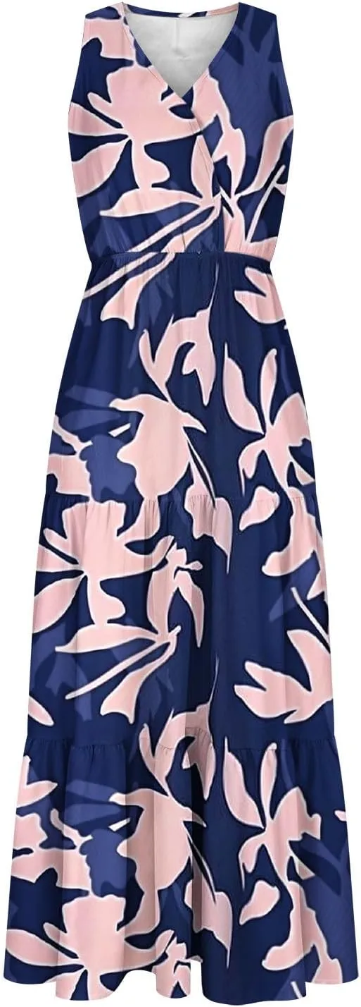TANGNADE Women Summer Dresses Casual Sleeveless Maxi Dresses V Neck Cute Long Dress Wedding Guest Dress