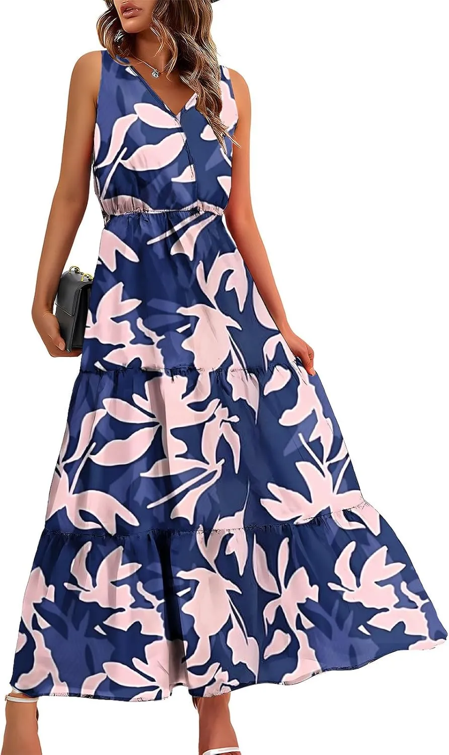 TANGNADE Women Summer Dresses Casual Sleeveless Maxi Dresses V Neck Cute Long Dress Wedding Guest Dress