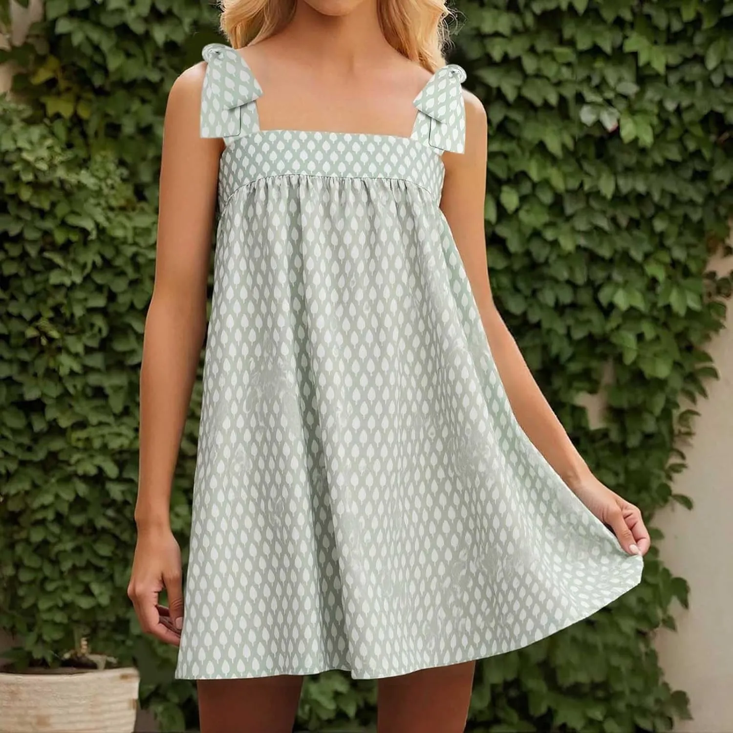 Tie Shoulder Mini Dress for Women Cute Polka Dot Square Neck Beach Short Dress Loose Fit Swing Vocation Sundress