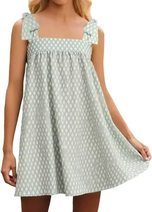 Tie Shoulder Mini Dress for Women Cute Polka Dot Square Neck Beach Short Dress Loose Fit Swing Vocation Sundress