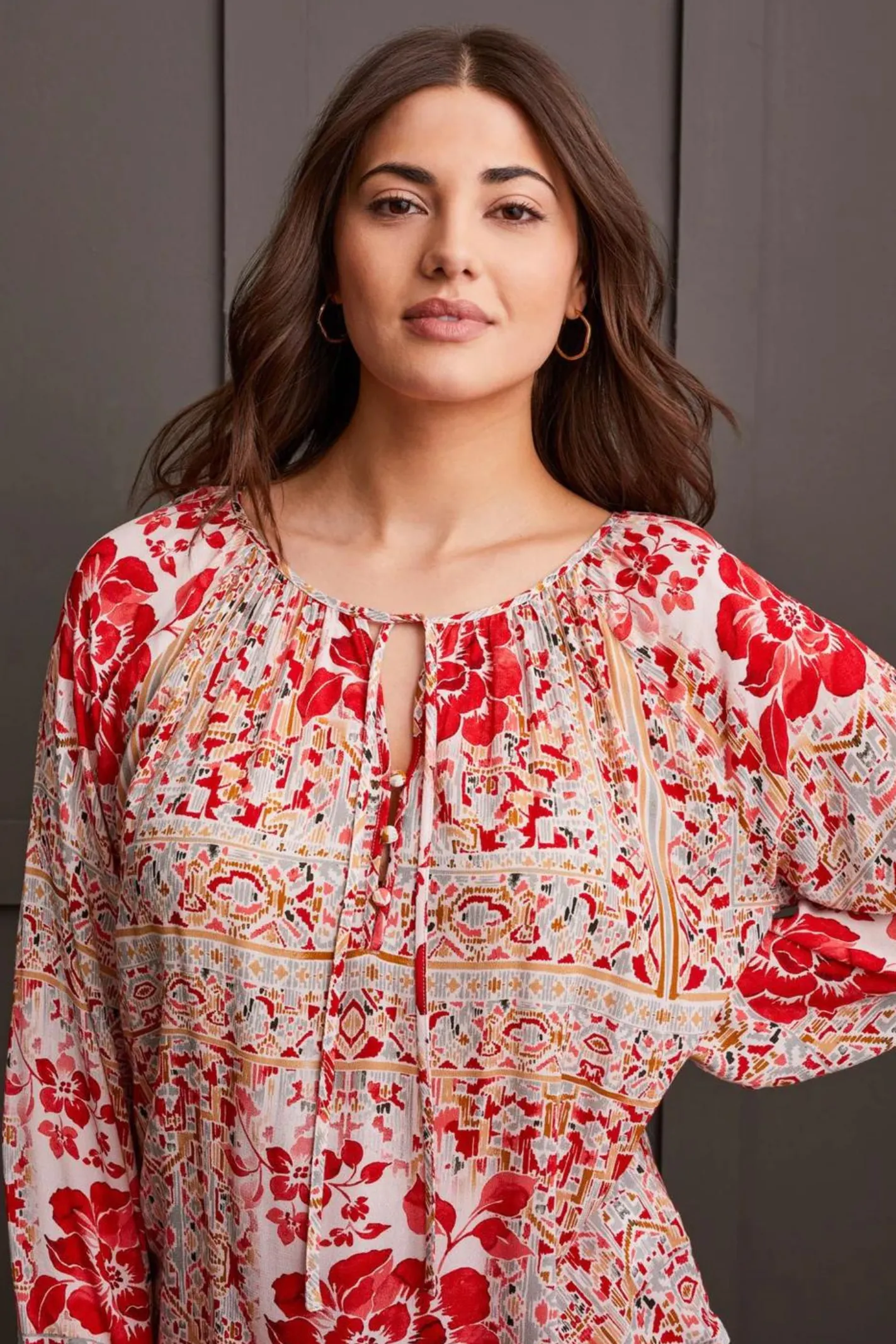 Tribal Brand Scarlet Printed Flowy Tie Blouse
