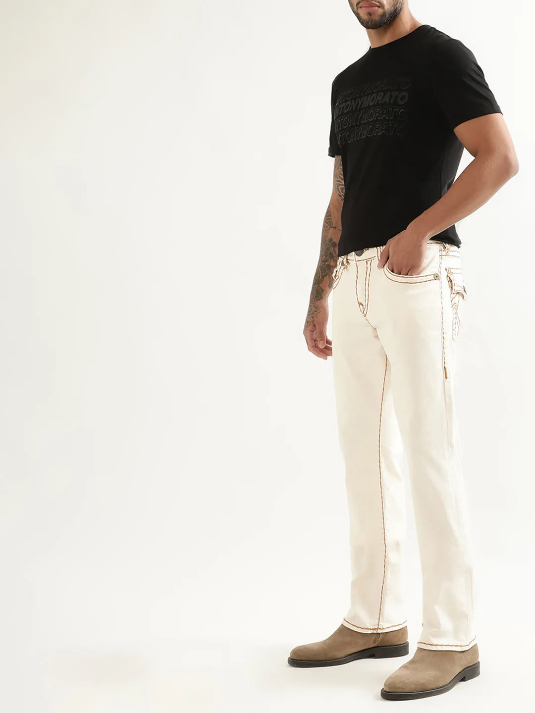 True Religion Mens Super T Ricky Straight Fit White Mid Rise Jeans