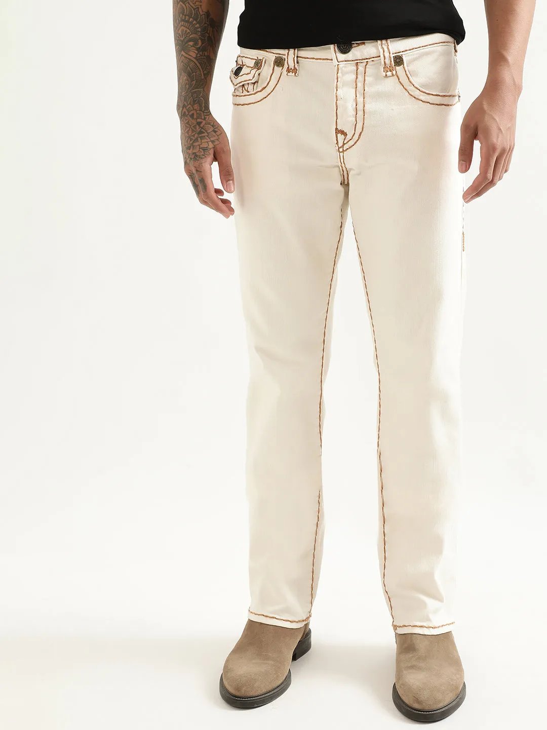 True Religion Mens Super T Ricky Straight Fit White Mid Rise Jeans