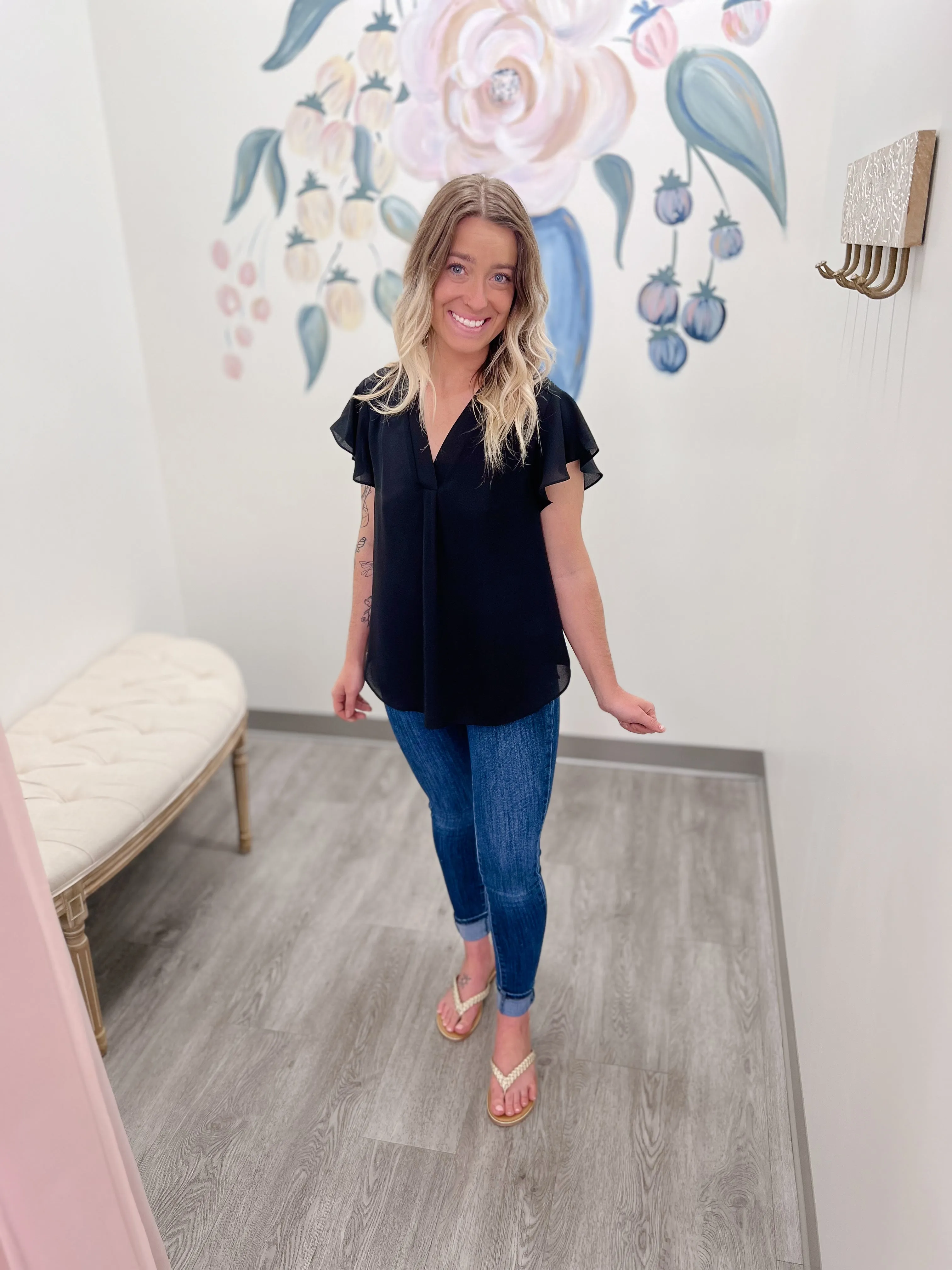 V-Neck Short Ruffled Sleeve Top