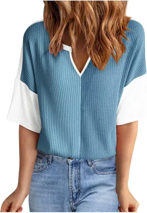 Waffle Knit Tops for Women Oversized Short Sleeve V Neck Color Block Shirts Casual Workout Trendy Soft Tees