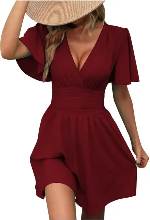 Women Summer Casual Beach Sundress Elegant Wrap Sexy V Neck Ruffle Sleeve Mini Dress 2025 Fashion Swing Dresses