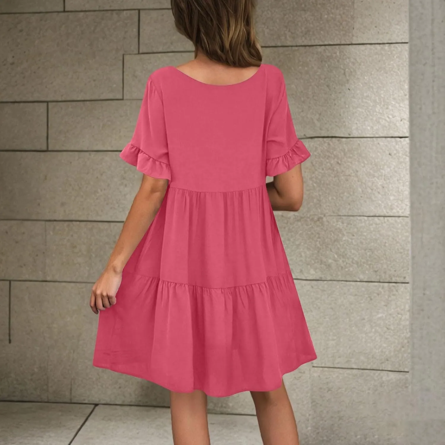 Women Summer Casual Dress Loose V Neck Sundress Short Flowy Dress Ruffle Tiered Mini Dress Cute Shirt Dress for Beach