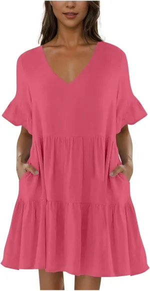Women Summer Casual Dress Loose V Neck Sundress Short Flowy Dress Ruffle Tiered Mini Dress Cute Shirt Dress for Beach