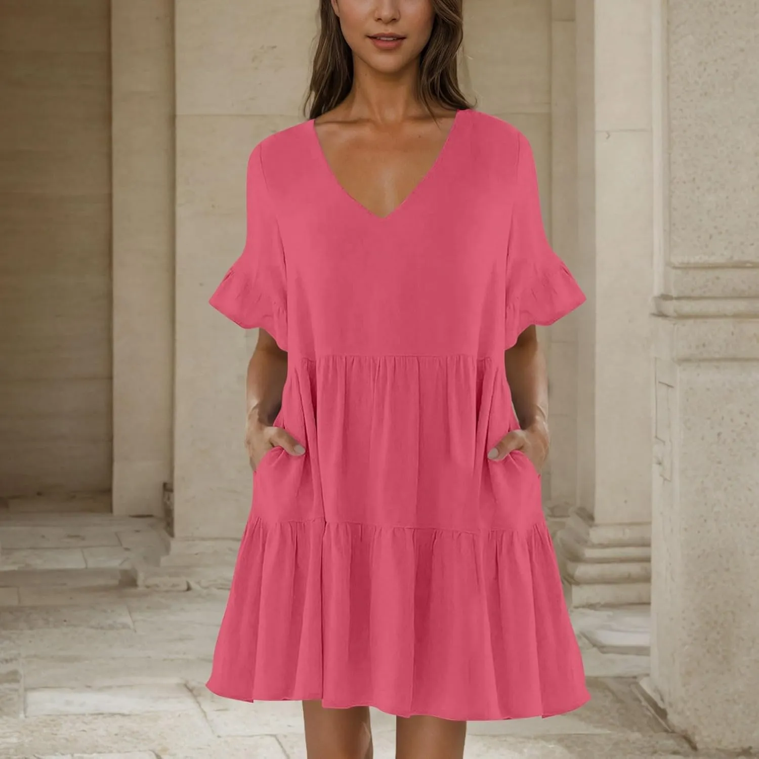 Women Summer Casual Dress Loose V Neck Sundress Short Flowy Dress Ruffle Tiered Mini Dress Cute Shirt Dress for Beach