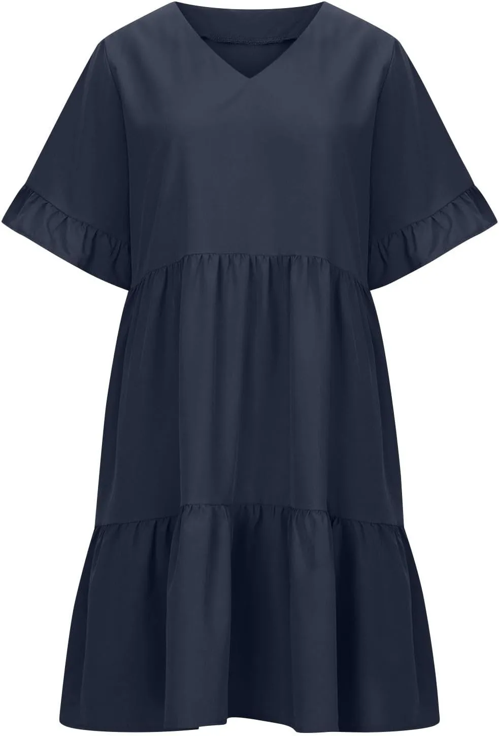 Women Summer Casual Dress Loose V Neck Sundress Short Flowy Dress Ruffle Tiered Mini Dress Cute Shirt Dress for Beach
