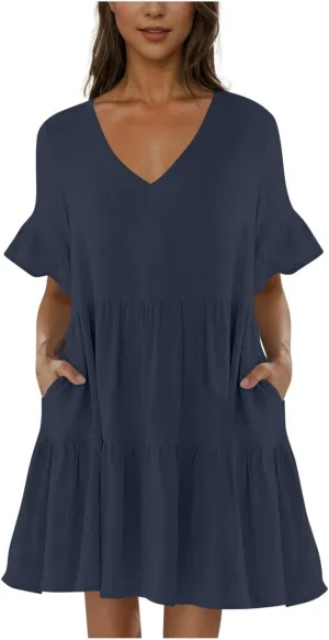 Women Summer Casual Dress Loose V Neck Sundress Short Flowy Dress Ruffle Tiered Mini Dress Cute Shirt Dress for Beach