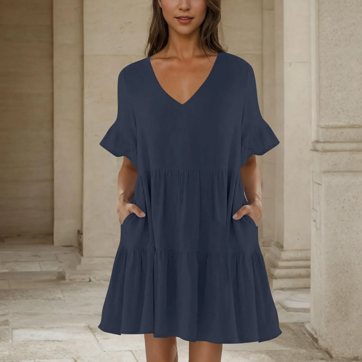 Women Summer Casual Dress Loose V Neck Sundress Short Flowy Dress Ruffle Tiered Mini Dress Cute Shirt Dress for Beach