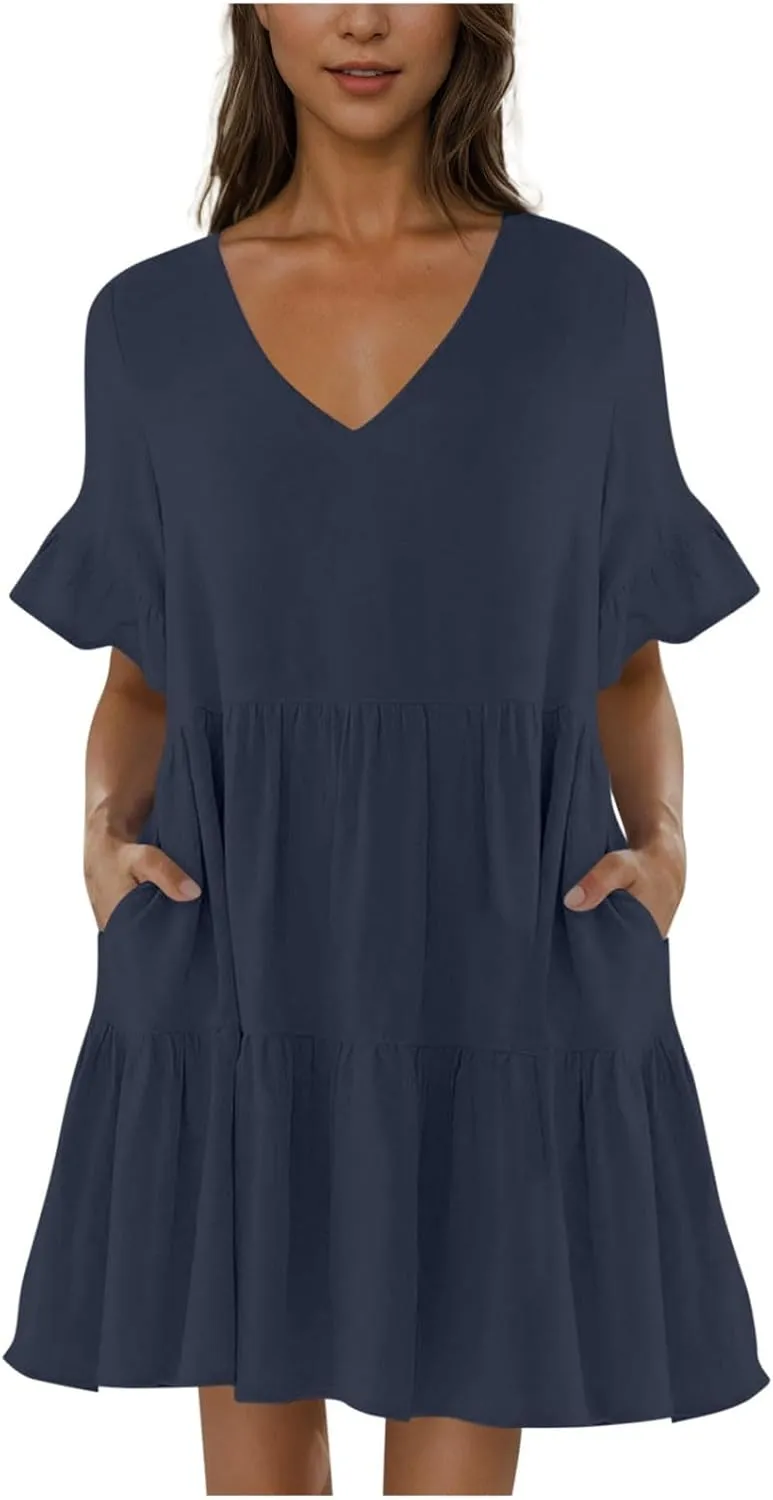 Women Summer Casual Dress Loose V Neck Sundress Short Flowy Dress Ruffle Tiered Mini Dress Cute Shirt Dress for Beach