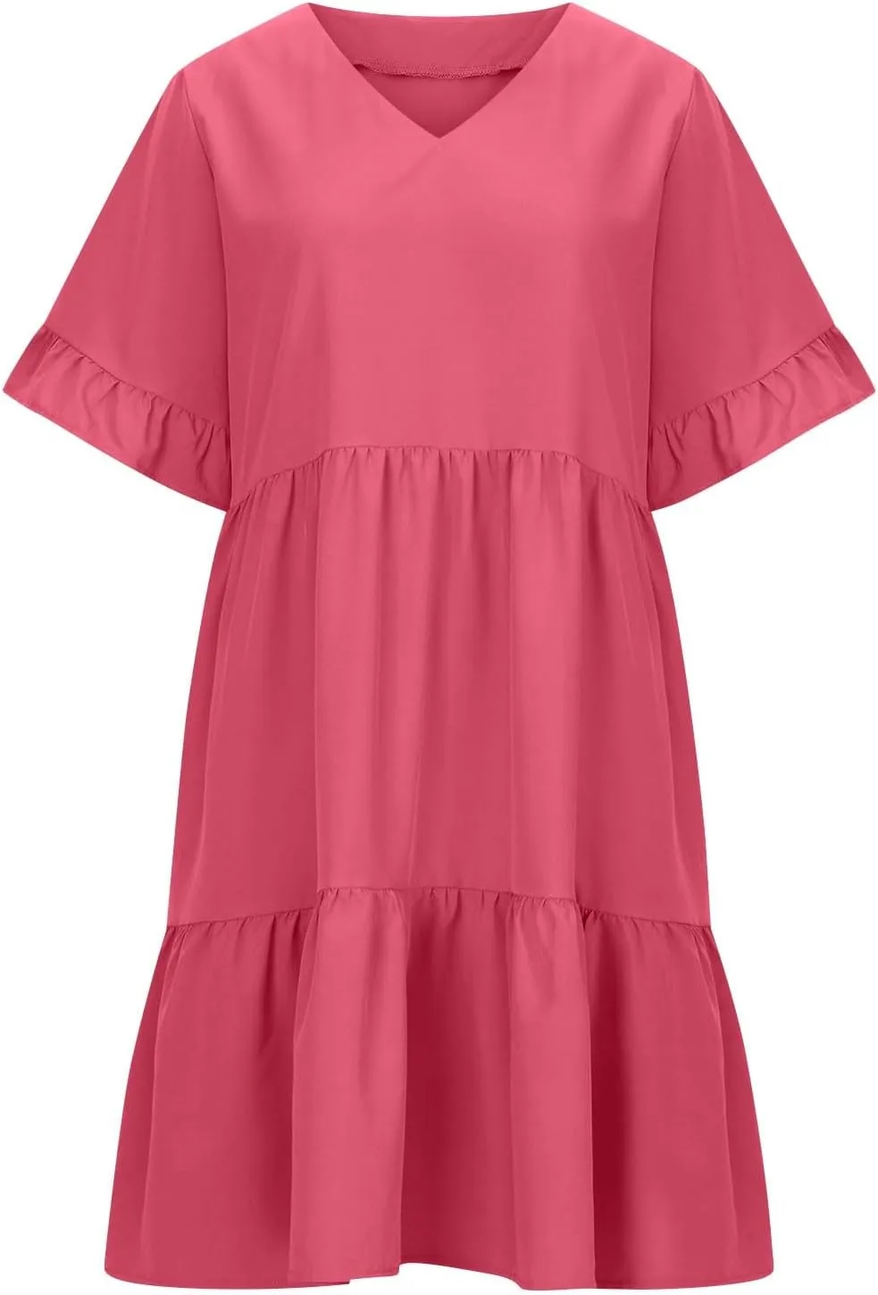 Women Summer Casual Dress Loose V Neck Sundress Short Flowy Dress Ruffle Tiered Mini Dress Cute Shirt Dress for Beach