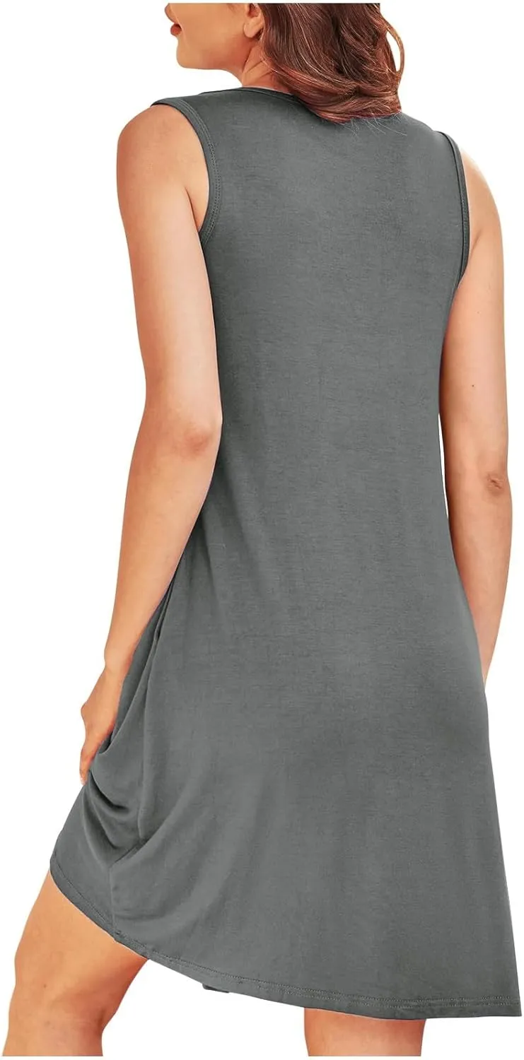 Women's 2024 Summer Casual Loose Beach Sleeveless Midi Sundress with Pockets Swing Solid Ruffle A-Line Dresses