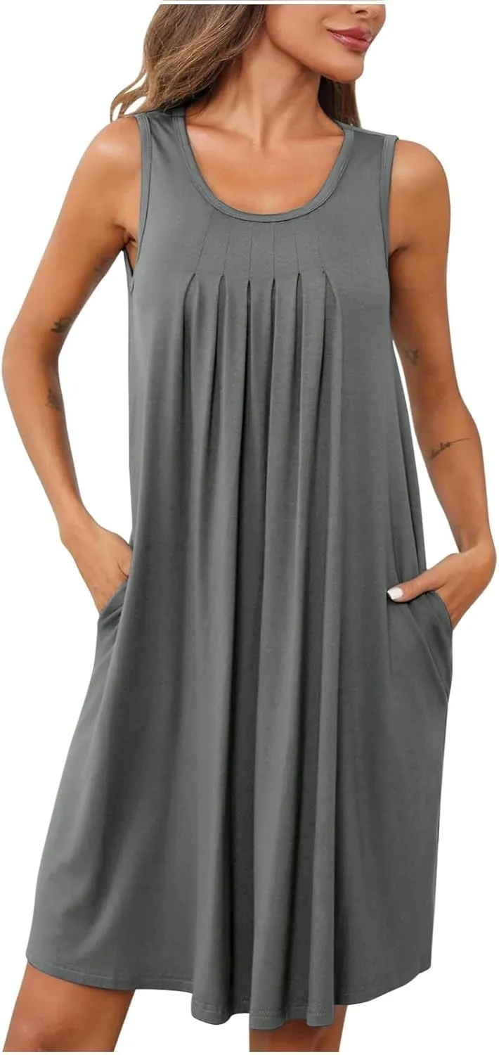 Women's 2024 Summer Casual Loose Beach Sleeveless Midi Sundress with Pockets Swing Solid Ruffle A-Line Dresses