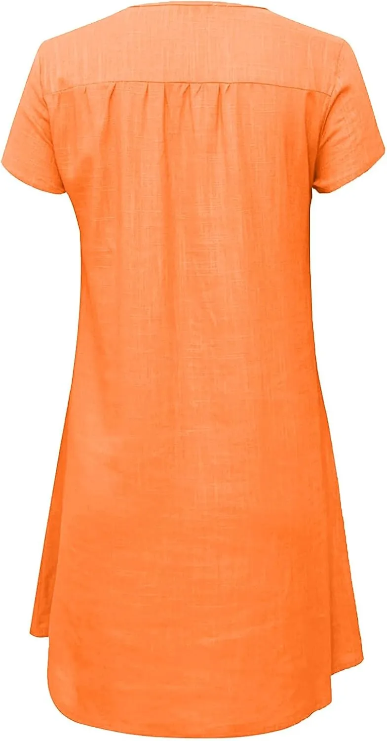 Womens 2025 Cotton Linen T Shirts Dress Summer Casual V Neck Short Sleeve Mini Dresses Floral Print Beach Sundress