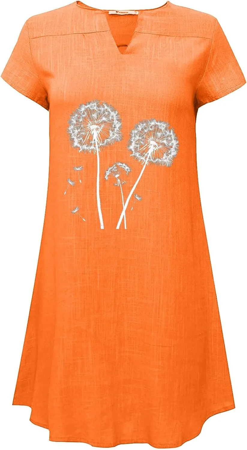 Womens 2025 Cotton Linen T Shirts Dress Summer Casual V Neck Short Sleeve Mini Dresses Floral Print Beach Sundress