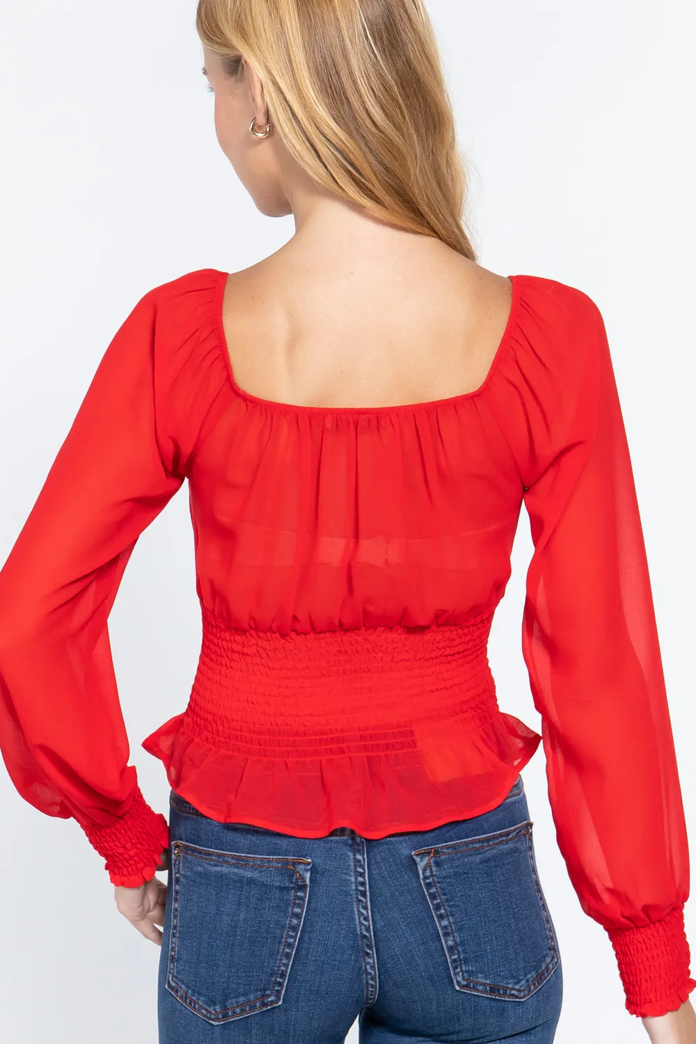 Women's  Long Slv Smocked Chiffon Top