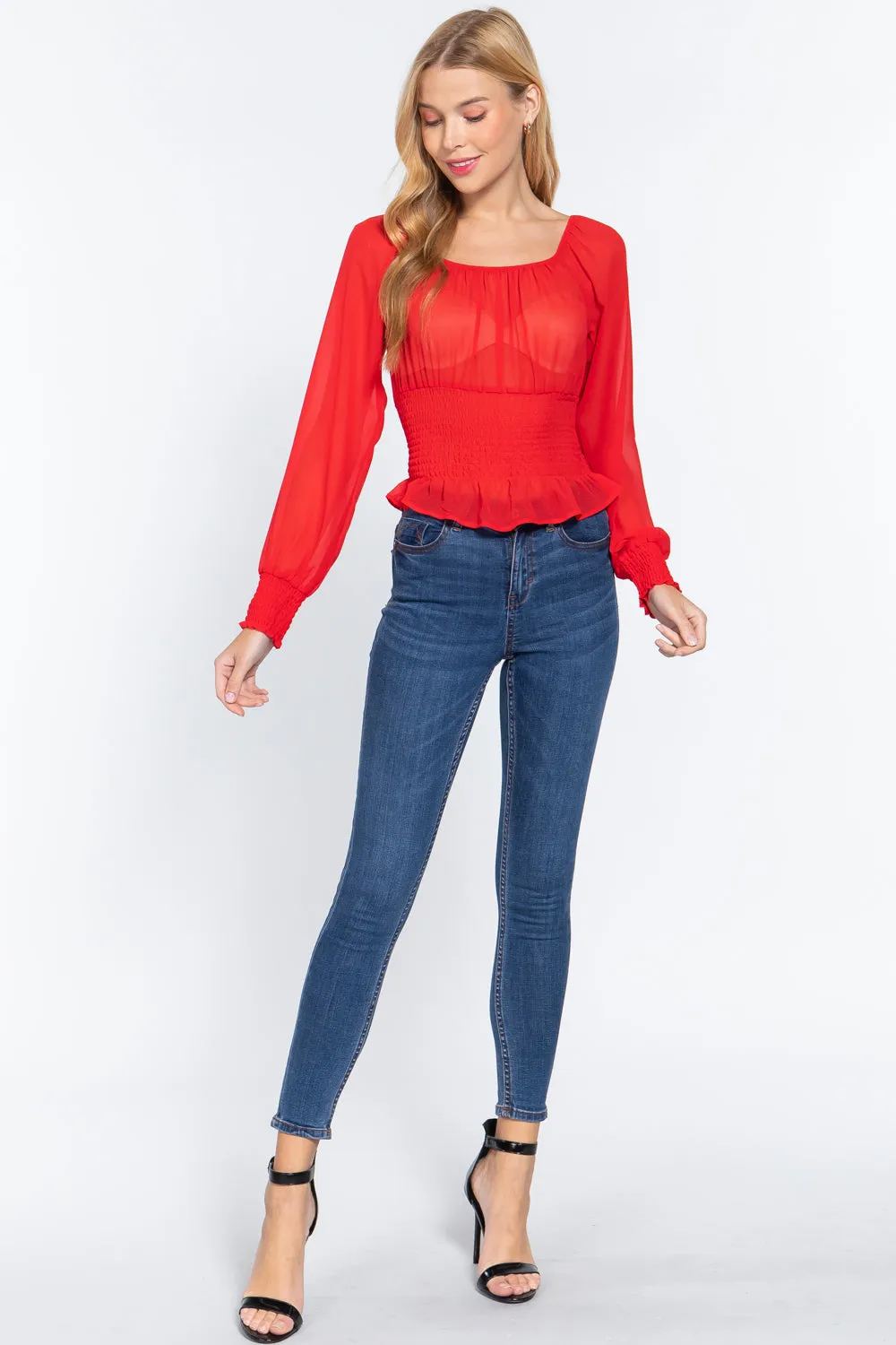 Women's  Long Slv Smocked Chiffon Top