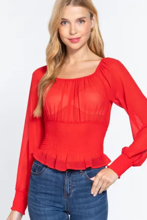 Women's  Long Slv Smocked Chiffon Top