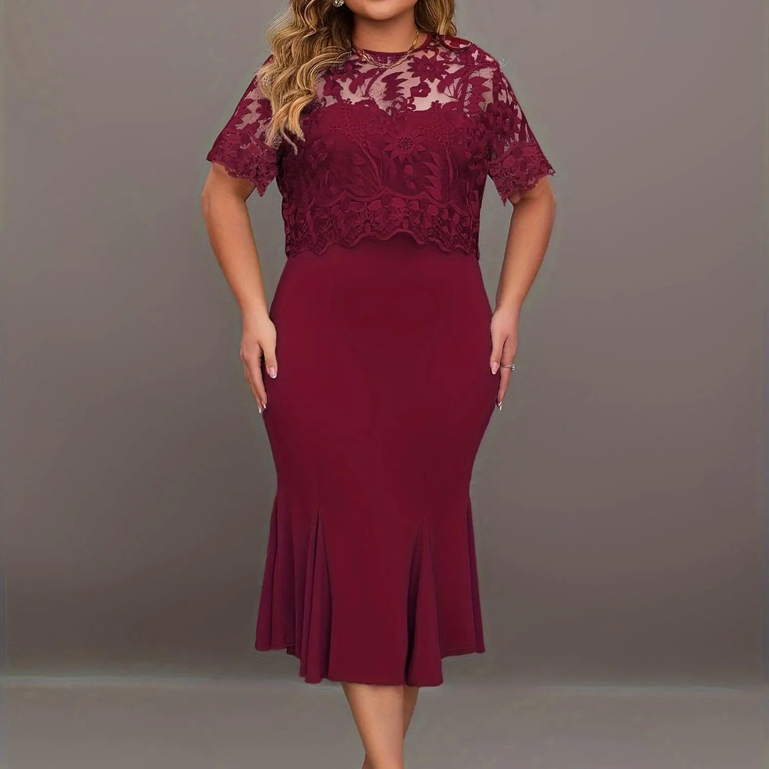Women's Plus Size Elegant Dress Solid Color Contrast Lace Short Sleeve Round Neck Dress Summer Long Sleeve Dress