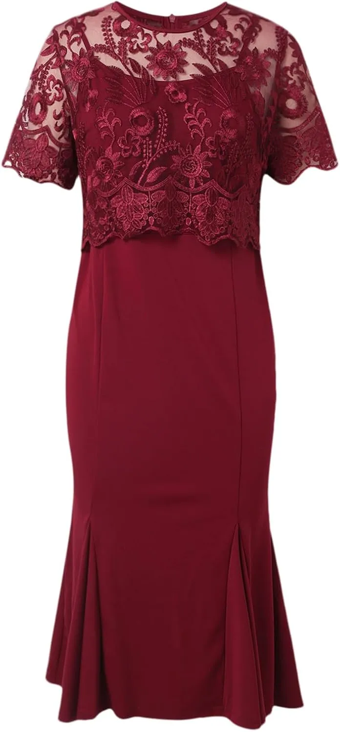 Women's Plus Size Elegant Dress Solid Color Contrast Lace Short Sleeve Round Neck Dress Summer Long Sleeve Dress