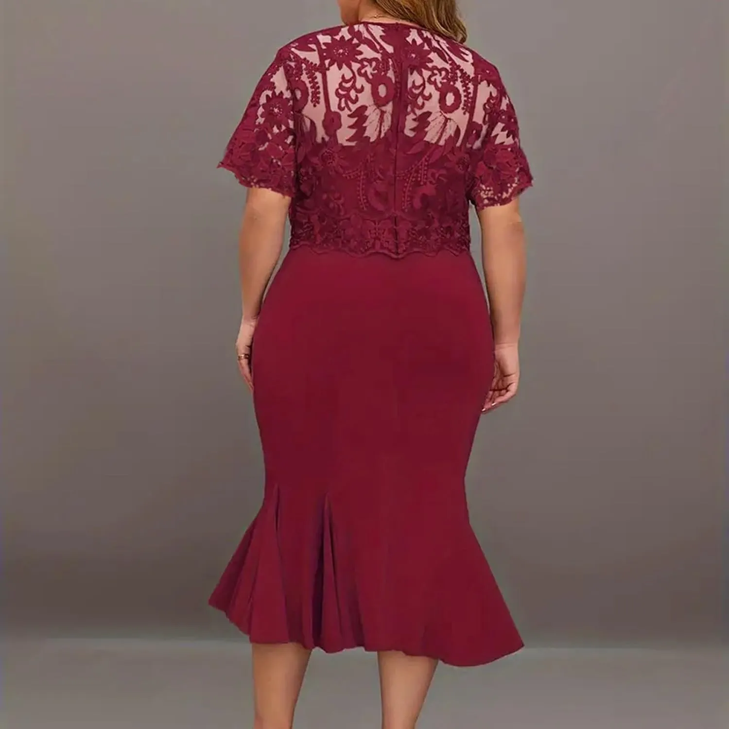 Women's Plus Size Elegant Dress Solid Color Contrast Lace Short Sleeve Round Neck Dress Summer Long Sleeve Dress