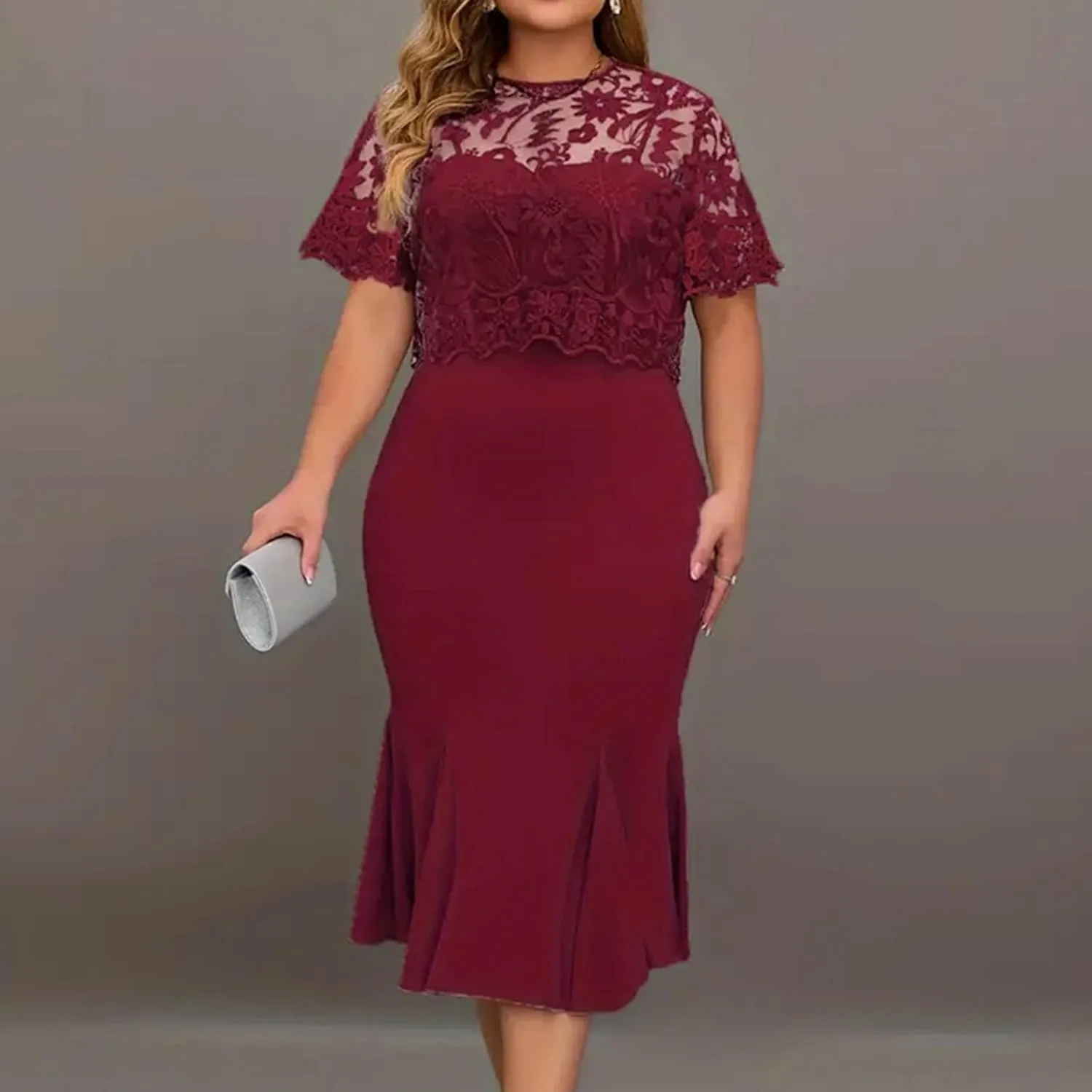 Women's Plus Size Elegant Dress Solid Color Contrast Lace Short Sleeve Round Neck Dress Summer Long Sleeve Dress