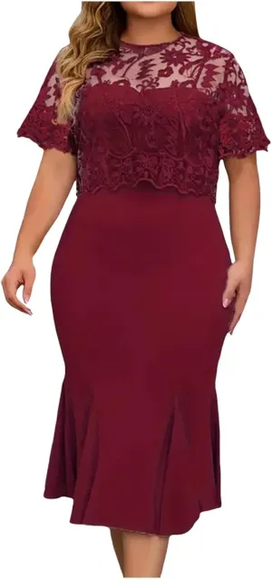 Women's Plus Size Elegant Dress Solid Color Contrast Lace Short Sleeve Round Neck Dress Summer Long Sleeve Dress