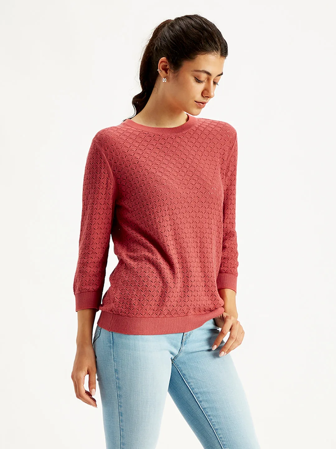 Women's Self Design Red Crew Neck Sweater