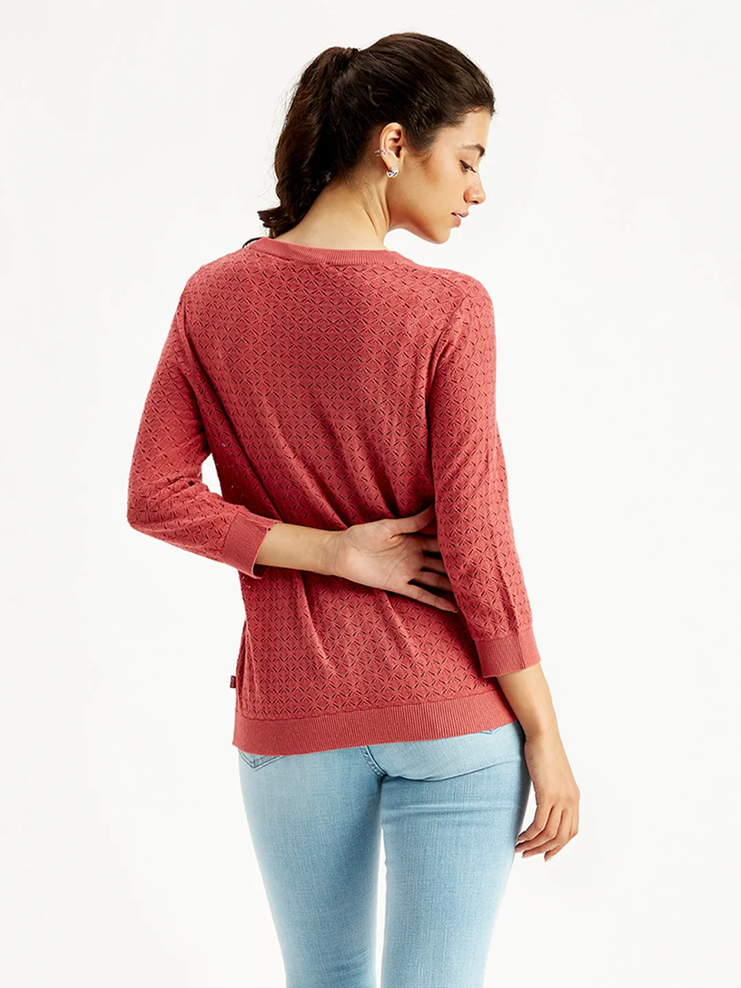 Women's Self Design Red Crew Neck Sweater