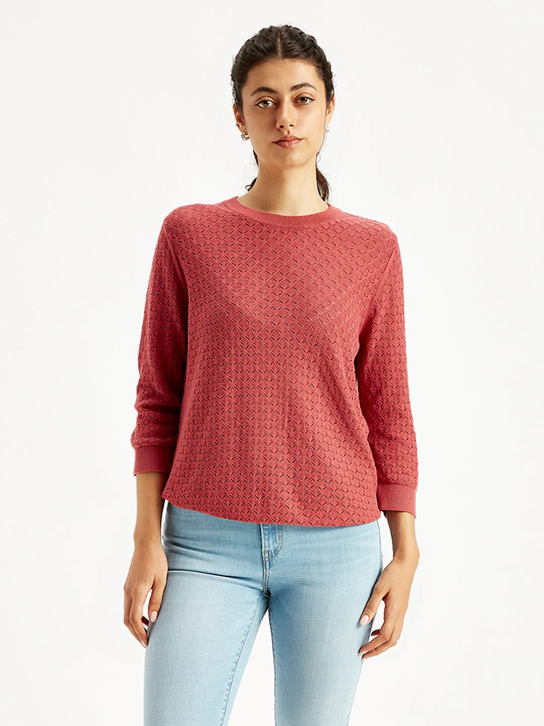 Women's Self Design Red Crew Neck Sweater
