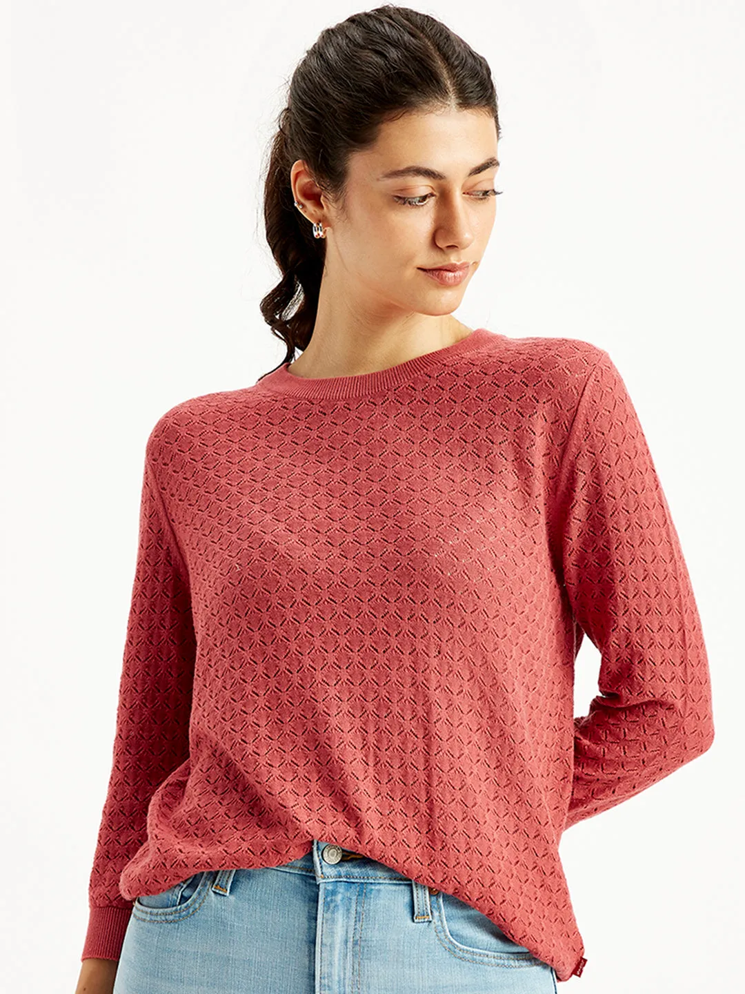 Women's Self Design Red Crew Neck Sweater