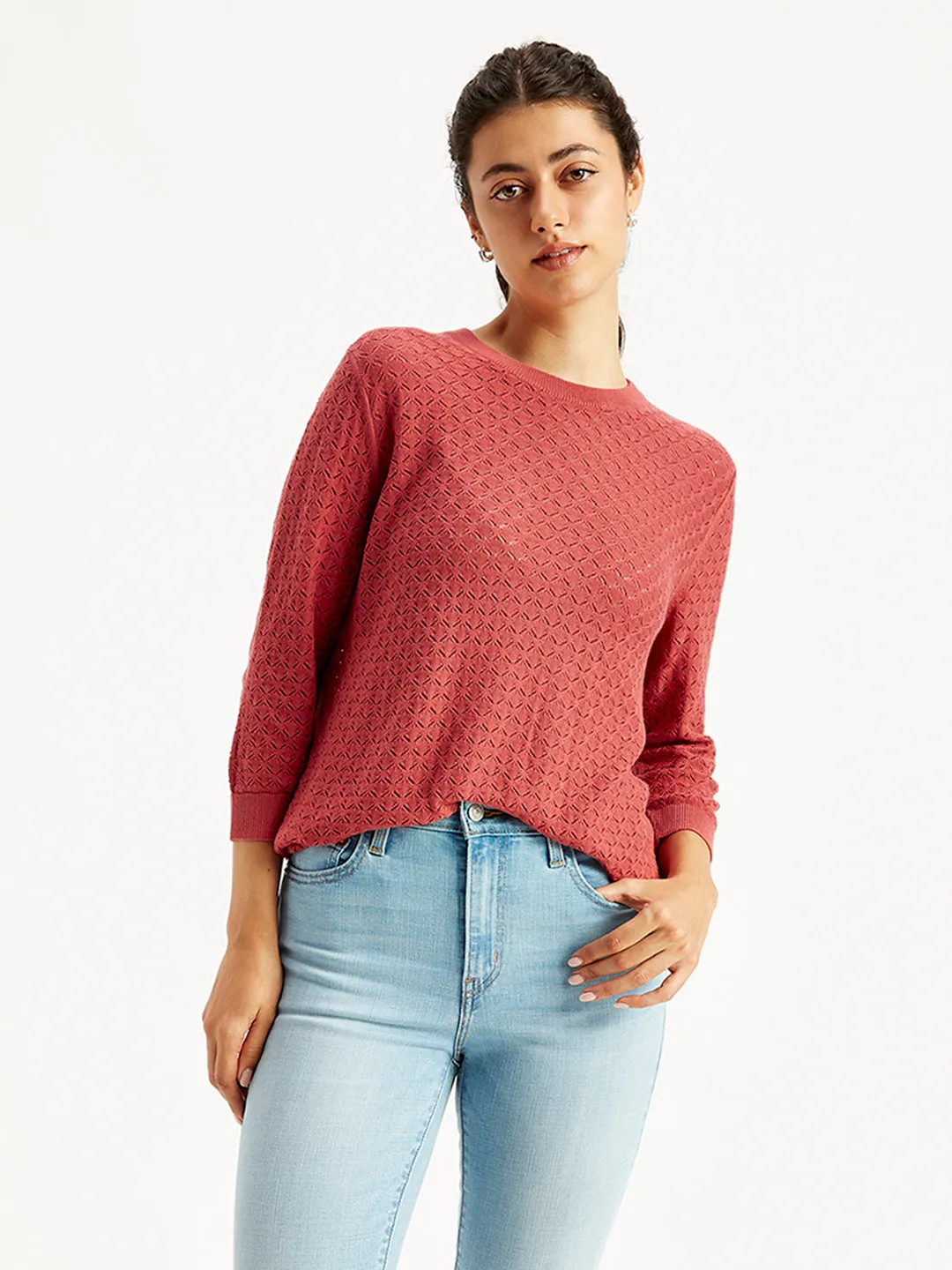 Women's Self Design Red Crew Neck Sweater