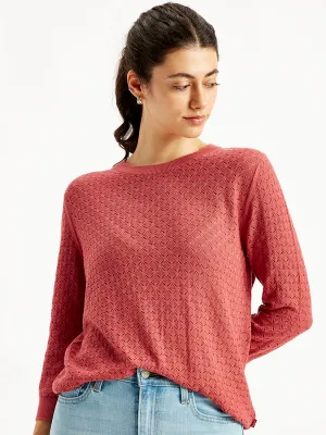 Women's Self Design Red Crew Neck Sweater