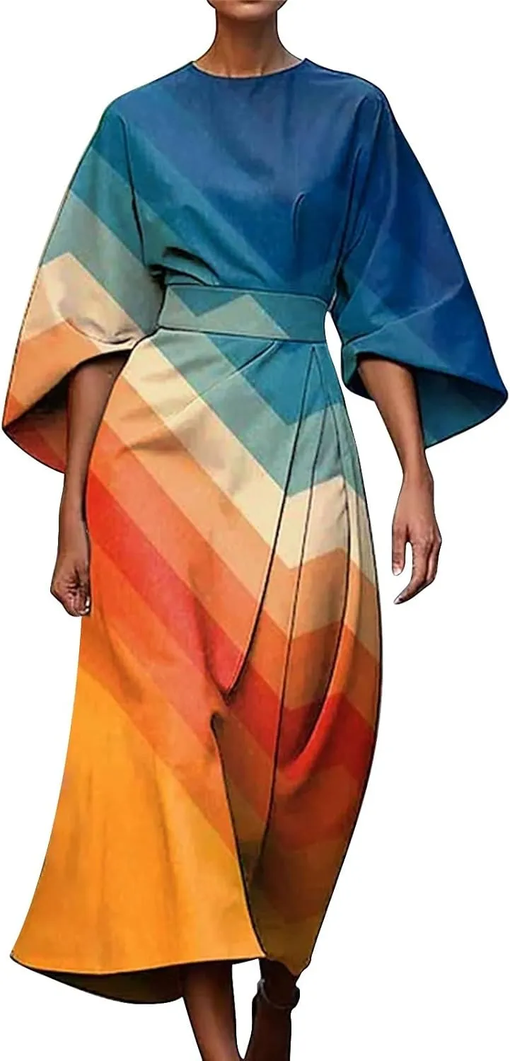 Women's Spring Summer Dress Elegant Floral Print Empire Waist Sundress Crew Neck Loose Half Sleeve Maxi Dresses